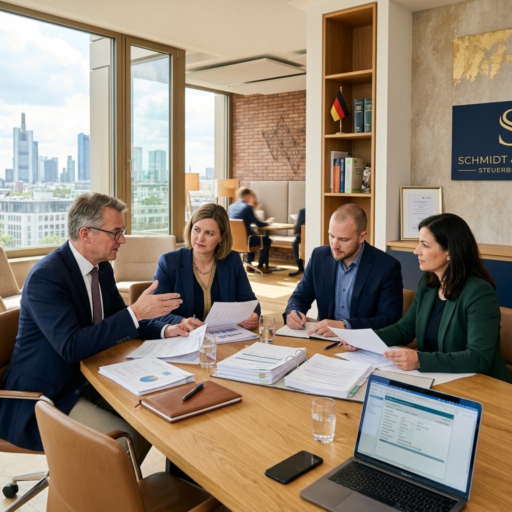 Das Team der Steuerkanzlei Dr. Steinkamp & Partner bespricht steuerliche Optimierungen in einem hellen Besprechungsraum